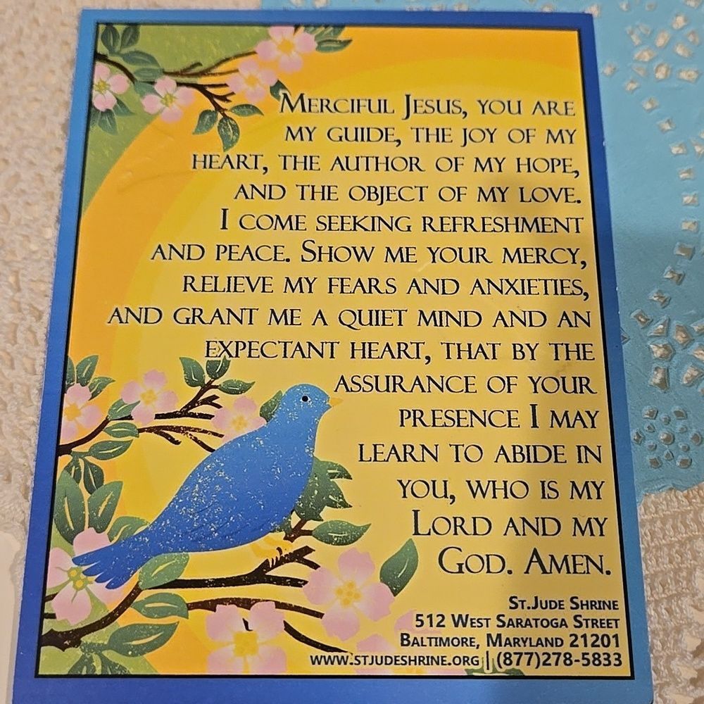 Prayer Card Bluebird Happiness St Jude Center Jesus Heart Lord God Amen Greeting